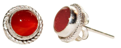 Ohrstecker, carneol, rot, rund, 8 mm Ø, mit Zopfmuster in Silber eingefasst, 925er Sterlingsilber-Stift