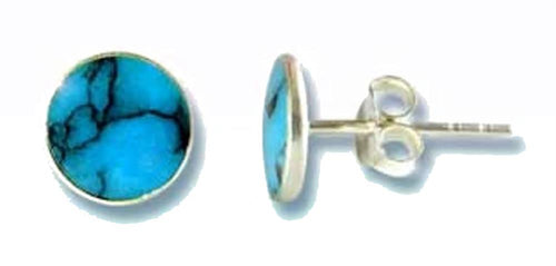 Ohrstecker, flach Türkis, rund, 8 mm Ø, in massivem Silber eingefasst, 925er Sterlingsilber-Stift