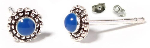 Ohrstecker, dunkelblau, lapis, rund, 5 mm Ø, Blume, in massivem Silber mit Zopfmuster eingefasst, 925er Sterlingsilber-Stift