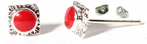 Ohrstecker eckig, 4 mm Ø, rot, koralle, in Silber mit Muster eingefasst, 925er Sterlingsilber-Stift