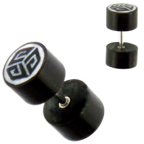 Tribal Fake Piercing Plug schwarz Fakeplug Muster weiß handgeschnitzt Büffelhorn Expander Edelstahl 1 mm