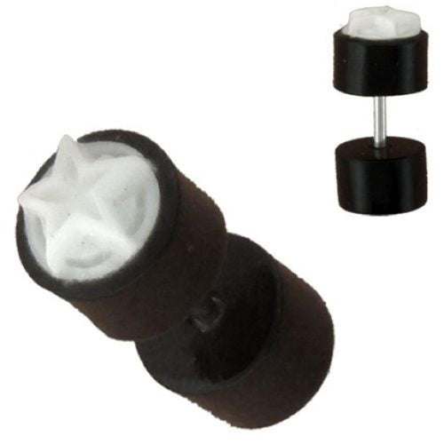 Tribal Fake Piercing, schwarzer Fakeplug mit weißem Boneinlay (Stern), handgeschnitzt aus Büffelhorn und Bone, 1mm, Edelstahlbügel