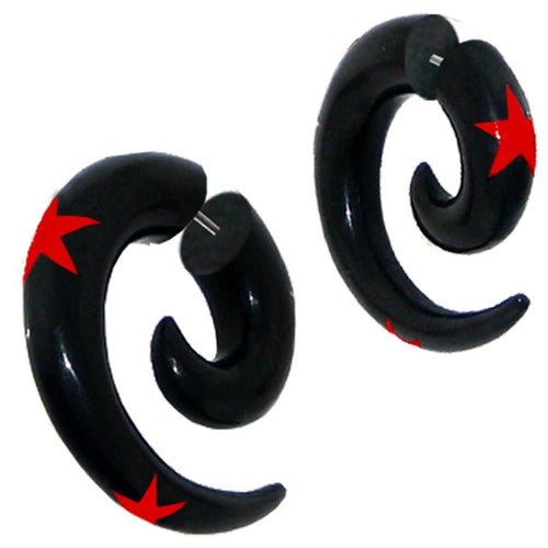 Fake Piercing, Horn Spirale, schwarz mit rotem Bone-Sterneinlay, Expander, Ohrhänger, Ohrstecker, Ohrring