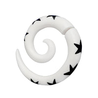 Load image into Gallery viewer, The Fake Piercing Bone Edelstahl weiß Spiralen Sterne Spike Ohrstecker Ohrring is a white spiral earring with black star designs, displayed on a plain white background.
