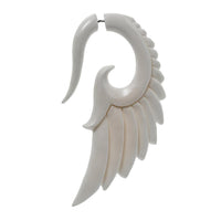 Load image into Gallery viewer, A white, wing-shaped stainless steel spiral earring with feather details and a curved hook—ideal as a Fake Ohr Piercing or Ohrring. Product: Fake Ohr Piercing Bone Knochen Edelstahl weiß Spiralen Dehner Ohrstecker Ohrring.
