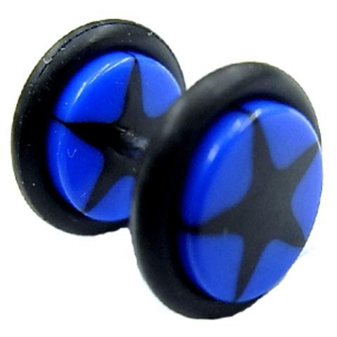 Fake Piercing Plug Tunnel Ohrstecker Unisex Acryl Scheibe Schmuck Gummiring 10 mm blau schwarz Stern