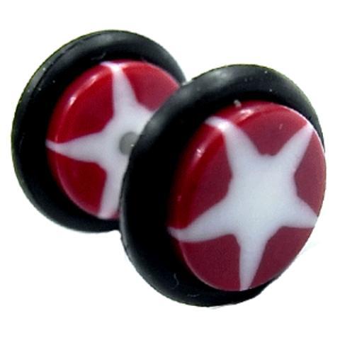 Fake Piercing Plug Tunnel Ohrstecker Unisex Acryl Scheibe Schmuck Gummiring 10 mm weiß rot Stern