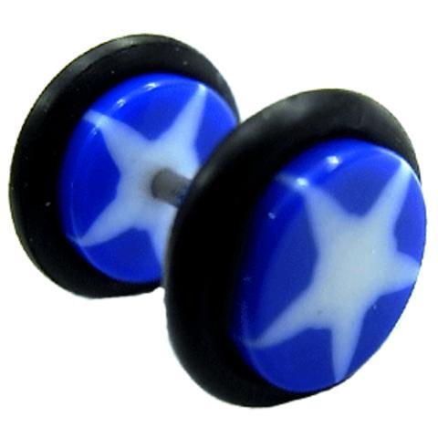 Fake Piercing Plug Tunnel Ohrstecker Unisex Acryl Scheibe Schmuck Gummiring 10 mm weiß blau Stern