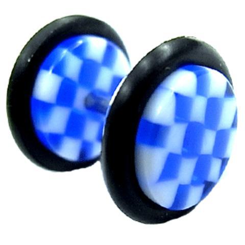 Fake Piercing Plug Tunnel Ohrstecker Unisex Acryl Scheibe Schmuck Gummiring 10 mm Schachbrett blau weiß