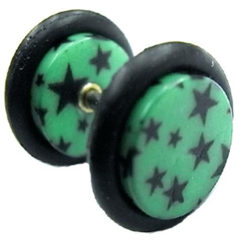 Fake Piercing Plug Tunnel Ohrstecker Unisex Acryl Scheibe Schmuck Gummiring 10 mm Sterne grün schwarz