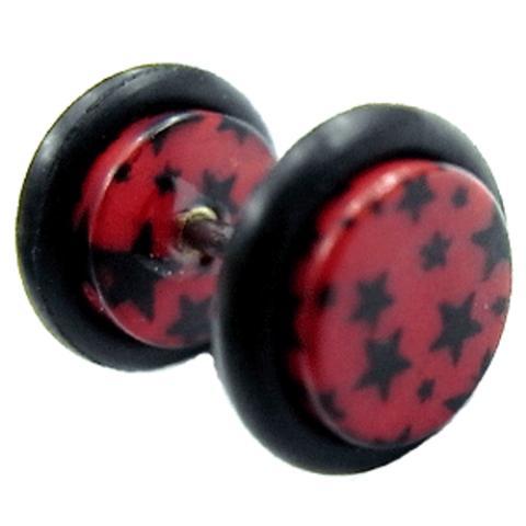Fake Piercing Plug Tunnel Ohrstecker Unisex Acryl Scheibe Schmuck Gummiring 10 mm Sterne rot schwarz