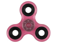 Cargar imagen en el visor de la galería, The Turbo Fidget Spinner Tri (dreifach) leuchtend Glow in the dark Spielzeug Kreisel is a pink, three-pronged spinner with black circular bearings and a clear central bearing, shown against a white background.
