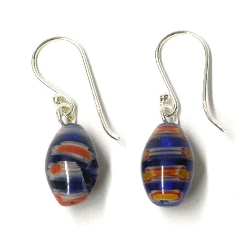 Muranoglas Ohrringe blau orange weiß Muster Blumen 925er Sterling Silber oval