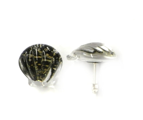 Ohrstecker, schwarze muschelförmige Glasohrstecker, hergestellt aus Glas und Sterlingsilber 925, handbemalt