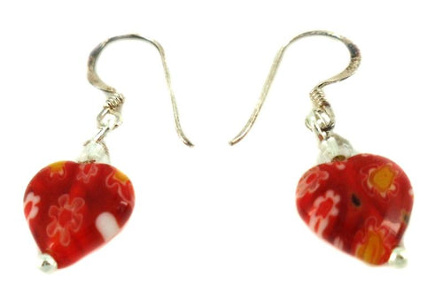 Muranoglas Glas Ohrringe Herz rot bunt Muster Blumen 925er Silber