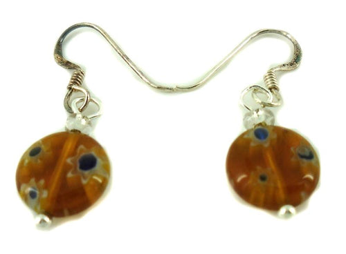 Muranoglas Glas Ohrringe 10 mm Scheibe orange blau Muster Blumen 925er Silber