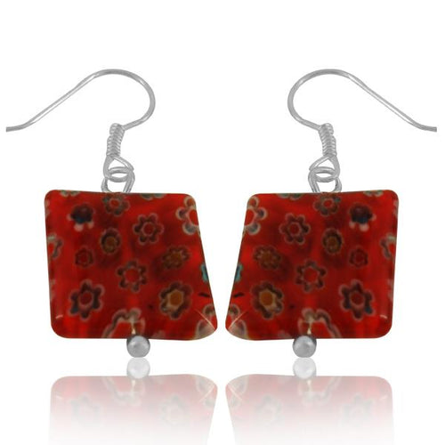 Muranoglas Glas Ohrringe 14 mm Quadrat rot bunt Muster Blumen 925er Silber