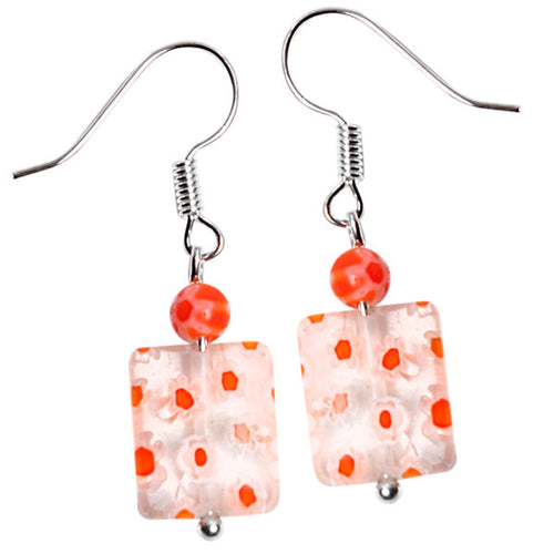Muranoglas Ohrringe 18 mm Perle Rechteck orange weiß Blumen 925er Silber Glas