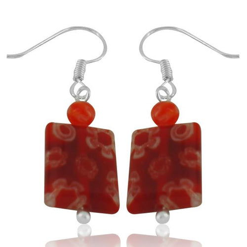Muranoglas Ohrringe 18 mm Perle Rechteck rot orange Blumen 925er Silber Glas