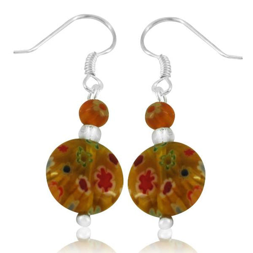 Muranoglas Ohrringe 18 mm Perle Scheibe bunt gelb Blumen 925er Sterling Silber Glas