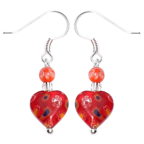 Muranoglas Ohrringe 18 mm Perle Herz rot orange Blumen 925er Sterling Silber Glas