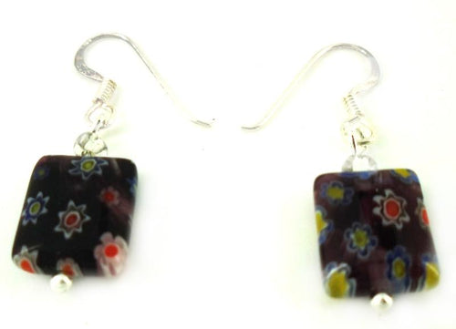Muranoglas Glas Ohrringe Rechteck lila bunt Muster Blumen 925er Silber