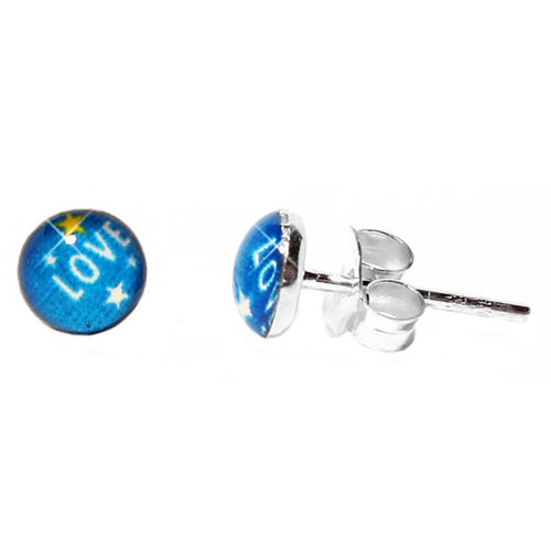 Silberohrstecker Love Schrift Blau Ohrstecker Glas Sterling Silber Damen Ohrringe Schmuck