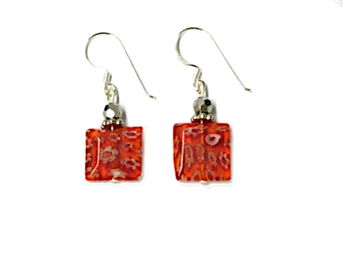 Damen-Muranoglasohrhänger, orangene würfelförmige Muranoglasohrringe mit Blütenmuster und 925 Sterling Silber Fassung
