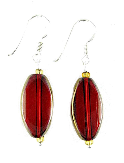Glasohrringe, rot, oval, flach, 925er Sterlingsilber-Bügel, ca. 20 mm Ø, glänzend