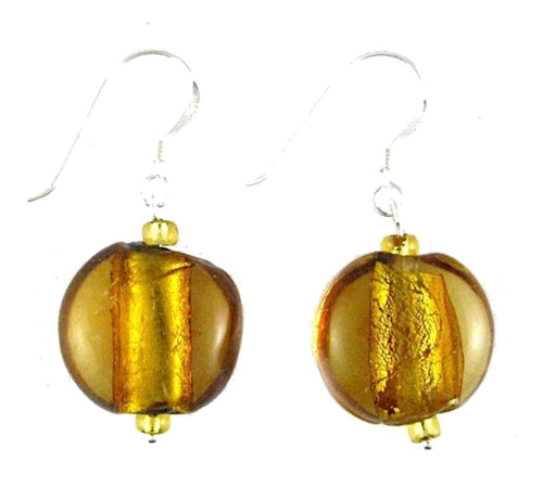 Glasohrringe, golden, rund, flach, 925er Sterlingsilber-Bügel, ca. 20 mm Ø, glänzend