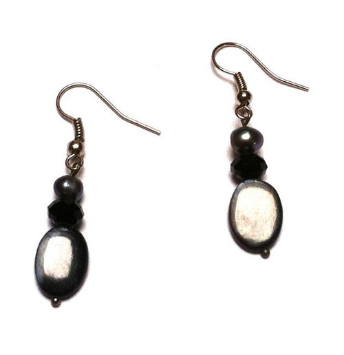 Perlmutt Perlen Glasperlen Ohrringe Ohrhänger Edelstahl Damen Glitzer Schmuck Muschel schwarz oval