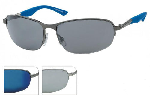 The Sonnenbrille sportlich unten frameless schmal 400UV Herren Bügel farbig features oval dark lenses, blue plastic temple tips, blue reflective tints, and 400UV protection—perfect for stylish sport or leisure wear.