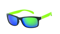 Load image into Gallery viewer, The Sonnenbrille Herren verspiegelt 400 UV features a black frame, neon green temples, and blue-green mirrored lenses for bold style and UV 400 protection. Displayed on a white background.

