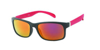 Load image into Gallery viewer, A "Sonnenbrille Herren verspiegelt 400 UV breit schmal Scharnier bunt Bügel" with black frames, red arms, and orange-tinted mirrored lenses offering UV 400 protection, shown on a white background.
