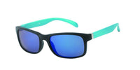 Load image into Gallery viewer, A Sonnenbrille Herren verspiegelt 400 UV with black frames, blue mirrored lenses, and teal arms is displayed against a white background.

