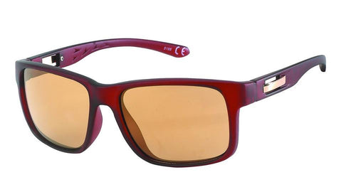 The Sonnenbrille Herren 400 UV has a rectangular red frame, orange-tinted lenses, retro style, cut-out metal detail near the hinge, and offers UV-Schutz 400.