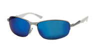 Load image into Gallery viewer, The Sonnenbrille sportlich unten frameless schmal 400UV Herren features reflective blue lenses, a metallic silver frame, and white colored arms for stylish UV 400 protection during any activity.
