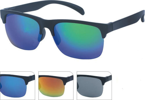 The Sonnenbrille Herren verspiegelt 400 UV breit Unterseite frameless bunt is a black half-frame men’s sunglass with blue-green mirrored lenses and UV 400 protection, shown with orange, gray, and clear interchangeable lenses in smaller images below.