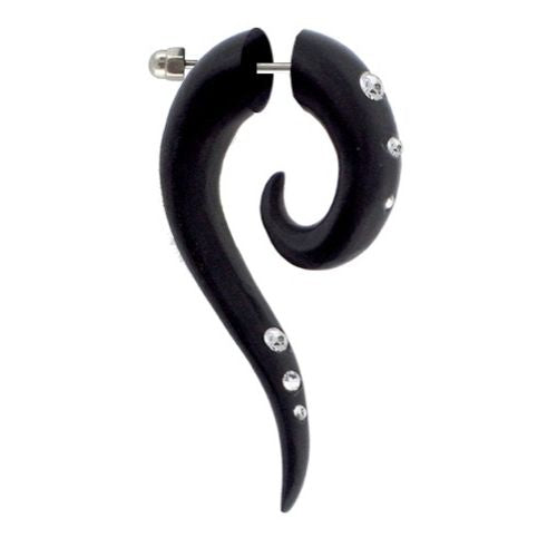 Tribal Fake Piercing schwarz langgezogen Spirale weiß Kristalle Edelstahl handgeschnitzt Eisenholz