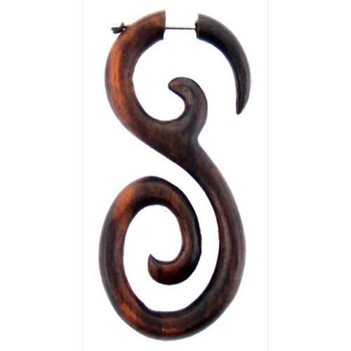 Tribal Fake Piercing braun Tattoospirale handgeschnitzt Holz Edelstahlbügel Organic Ohrstecker 1 mm