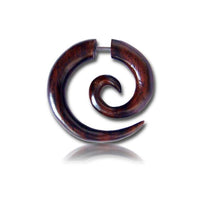 Load image into Gallery viewer, A Fake Spirale Lobe Piercing Edelstahl Ohrstecker Dehnschnecke Holz Ohrring Dehner is shown on a white background—a polished, dark brown wooden spiral earring with an Edelstahl pin, ideal for fans of Holz Fake Piercings.
