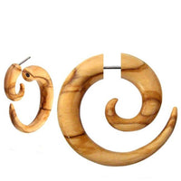 Load image into Gallery viewer, A pair of Fake Spirale Lobe Piercing Edelstahl Ohrstecker Dehnschnecke Holz Ohrring Dehner, featuring a wooden spiral design with natural grain and secure stainless steel posts.
