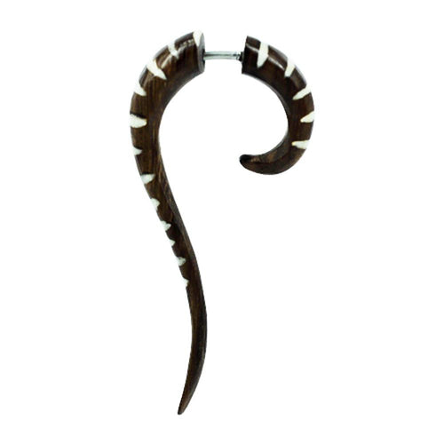Fake Spirale getigert lang Spitze Tiger Holz Bone Inlay Tribal Piercing Ohrstecker Ohrring Edelstahl