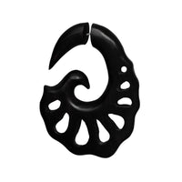 Load image into Gallery viewer, A single large, dark brown fake piercing earring made from hand-carved Ebenholz (ebony) and stainless steel, with a spiral shape and multiple cutouts—stylish as a faux piercing. Product: Fake Piercing Ebenholz Edelstahl handgeschnitzt groß.
