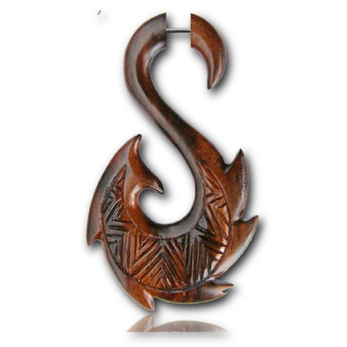 Fake Holz Lobe Piercing Edelstahl dunkel braun Hook Haken Flame Flügel Spirale
