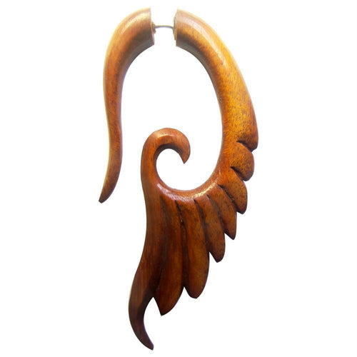 Fake Lobe Piercing Edelstahl Redwood Sawoholz Holz Fishtail Flügel rot braun