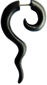 Load image into Gallery viewer, The Ohrring Holz Fake Piercing lange Spirale Edelstahl Dehnschnecke is a black, spiral-shaped earring with a curved taper design and metal pin fastening, giving the look of a stretched piercing without actual stretching.
