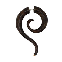 Load image into Gallery viewer, The Ohrring Holz Fake Piercing lange Spirale Edelstahl Dehnschnecke features a dark wood crescent spiral with a metal bar, offering the look of a stylish tapering ear gauge or fake earring—perfect for those seeking an edgy fake piercing.
