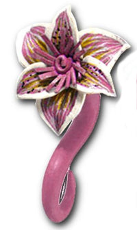 Load image into Gallery viewer, A stylized illustration of a pink and white flower with five petals, yellow and black accents, and a curled pink stem resembling the Ohrring Holz Fake Piercing lange Spirale Edelstahl Dehnschnecke on a white background.
