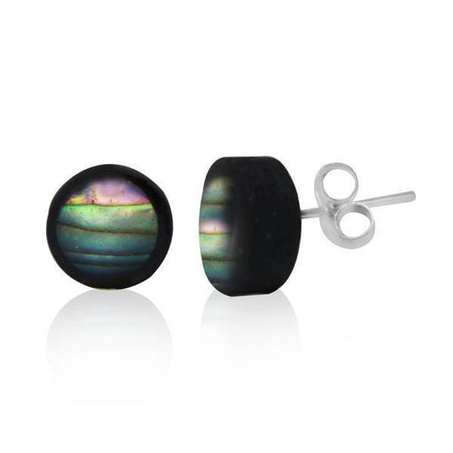 The Ohrstecker Kokosnuss bunt schwarz Holz Abalone Muschel Silberohrringe Ohrstecker 925er Silber feature round black wood with Abalone shell inlays, iridescent green and purple hues, and 925 silver posts and butterfly backs, set against a white background.
